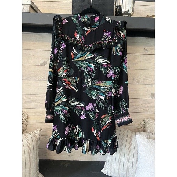 Catherine Malandrino‎ Black Floral Midi Mini Dress Long Sleeve SZ 6  Embroidered - Picture 1 of 7